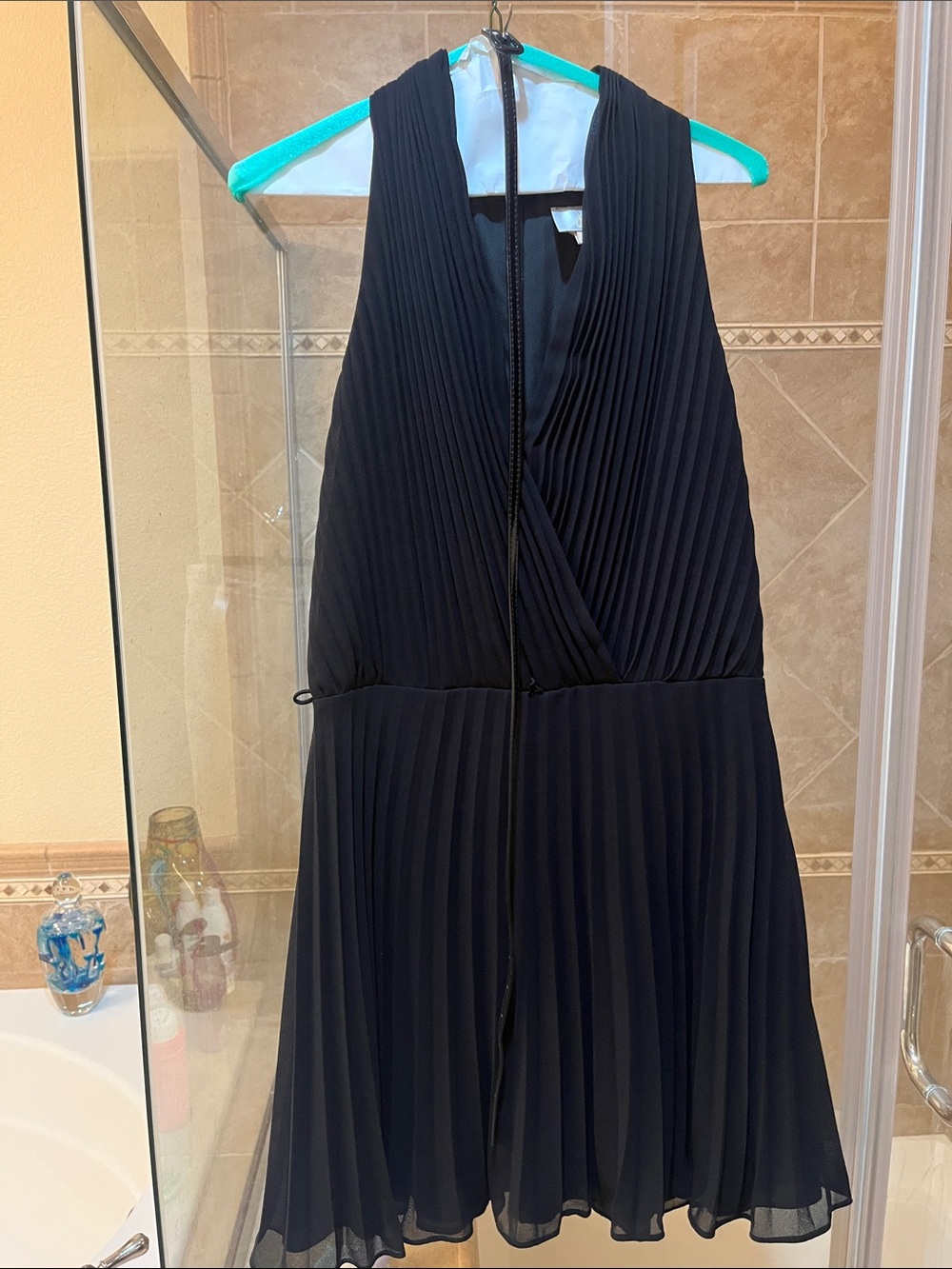 Plunging V-Neck Black Pleated Mini Dress